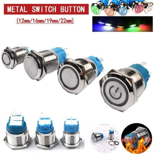 12/16/19/22mm Waterproof Metal Push Button Switch LED Light Momentary Latching Car Engine Power Switch 5V 12V 24V 220V Red Blue