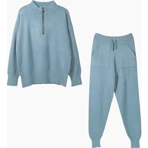 2020 New Winter Warm Knitting A Half Zipper Sweater Feet Tall Waist Trousers Leisure Suit