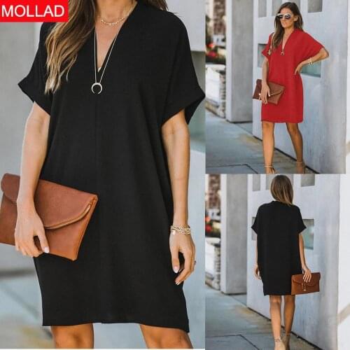 2020 European and American Foreign Trade Cross-Border Hot Womens V-neck Short Sleeve Solid Color Loose Dress