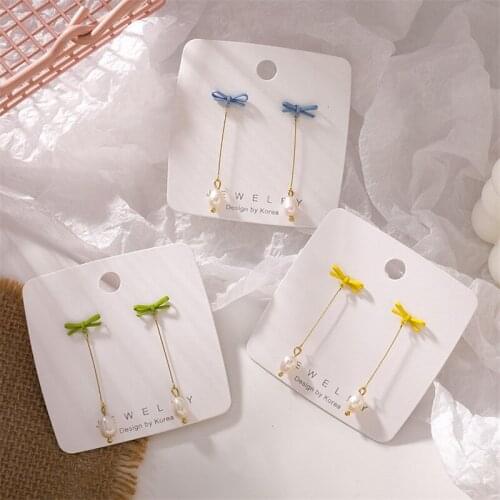 2021 Spring Festival Earrings Fresh Color Girl Ears Korean Milk Green Bow Pearl Tassel Earrings Female Cute Jewelry