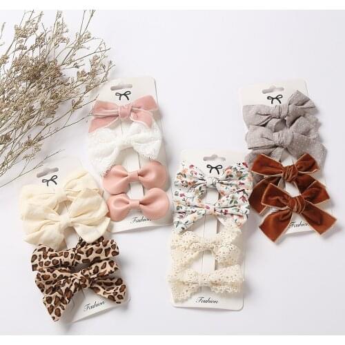 4Pcs/set Leopard Dot Print Bowknot Hair Bow Clips Baby Girls Lace Cotton Linen Barrettes Safety Hairpins Headwear Accessories