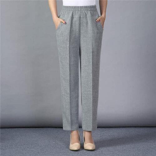 4XL Plus Size Spring Summer Middle-Aged Office Womens Trousers Cotton And Linen Elastic Waist Casual Pants Women Pantalon C7436