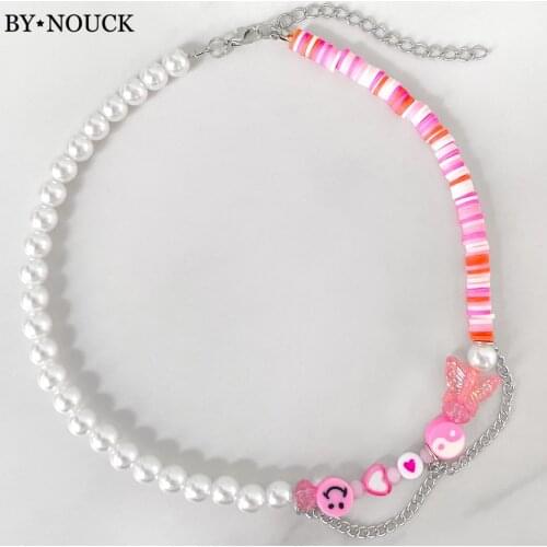 Asymmetry Pearl Rainbow Soft Pottery Choker Necklace Gossip evil eye Butterfly Beaded Chunky Chain Collar Women Baroque Jewelry