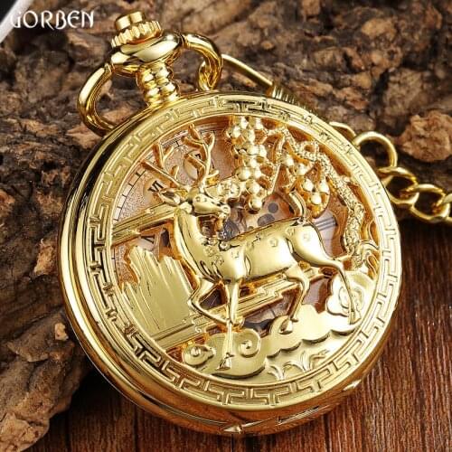 Luxury Golden Flower Deer Carving Design Mechanical Pocket Watch FOB Waist Chain Hollow Steampunk Skeleton Hand Wind Mens Clock