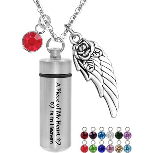 Cylinder Cremation Urn Necklace for Ashes Angel Wing Stainless Steel Remembrance Jewelry-A Piece of My Heart is in Heaven