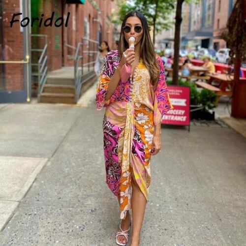 Foridol Paisley Print Batwing Sleeve Kimono Maxi Long Dress Floral Print Half Sleeve Boho Autumn Dress Orange Belt Slit Dress