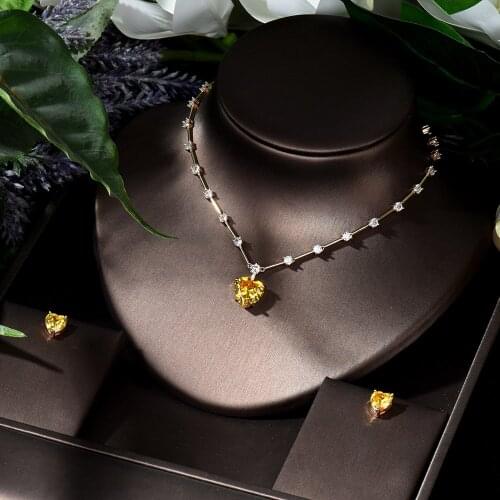 HIBRIDE Nigeria 2pcs Heart Shape Yellow Pink Color Women Bridal Necklace Earring Set Cubic Zircon Jewelry Party Accessorie N-365