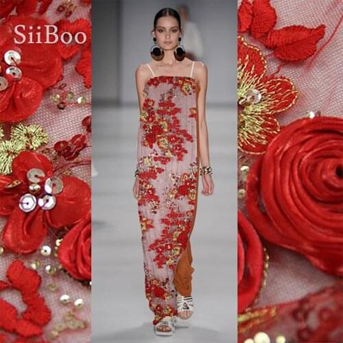 Free ship Designer luxury red hand-made beading lace fabric for wedding/party dress diamond/floral decorate lace fabric SP2070