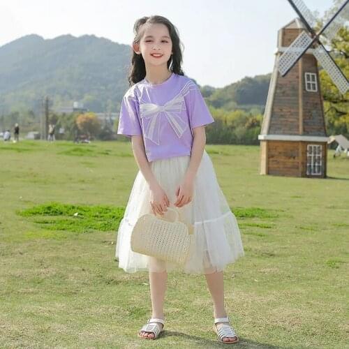 Teenager Girls Summer Clothes Sets 2021 Fashion Lace Bowknot T-shirts Tops Mesh Tulle Skirts 2Pcs Children Kids Clothing Suits