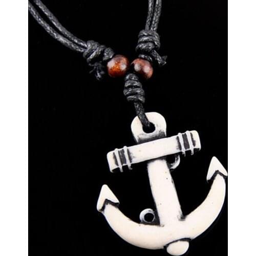 Hot Selling Fashion Men Womens White Yak Bone Carved Anchor Pendant Necklace Choker Navy Style For Sailor Gift MN522