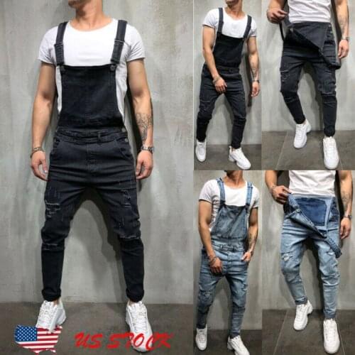 Mens Distressed Denim Carpenter Overalls Bib Jumpsuits Moto Biker Jean Pants US