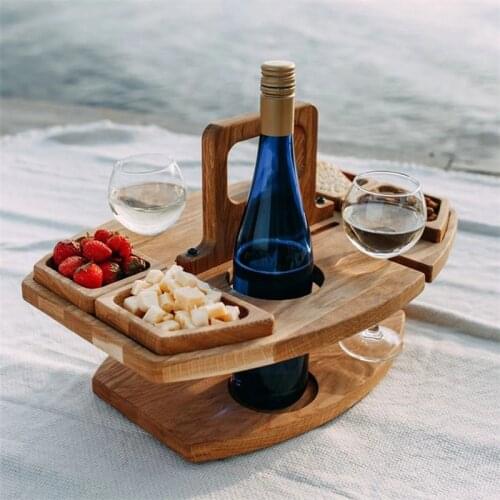 Portable Wooden Tables Outdoor Picnic Wine Table With Handle Small Folding Beach Table Retractable Legs Snack Cheese Tray Party