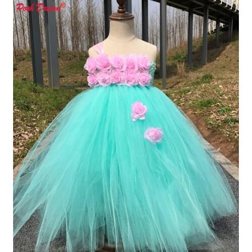 POSH DREAM Mint Green Pink Flower Children Kids Tutu Dresses for Party Girls Size 1-14 year Toddler Baby Girls Wedding Clothes