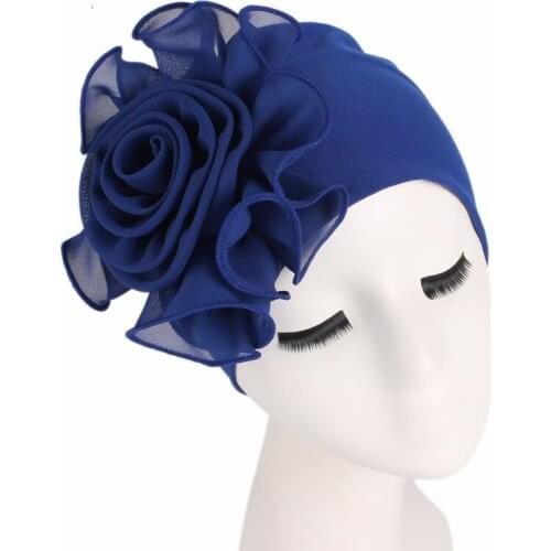 2021 New Soild Color Stretchy Turban Bonnet for Women Big Flower Hijab Turban Caps Female Head Wraps Turbante Mujer