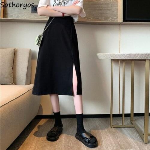 Skirts Women Plus Size S-4XL High Waist Slim Summer All-match Black Solid Students Preppy Style Fashion Side-slit Casual A-line