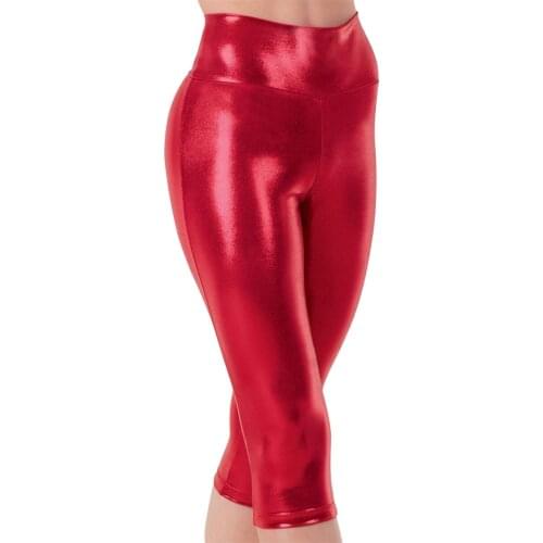Womens Leggings High Waisted Metallic Capris Gymnastics Dance Pants Shiny Spandex Skinny Black Trousers Nave Ladies Trousers