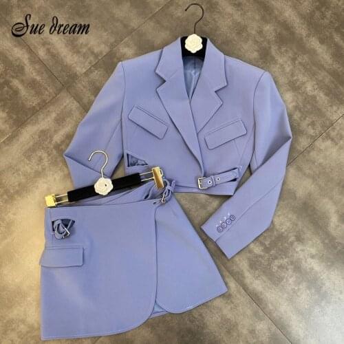 Casual Purple Two Piece Set Women Notched Long Sleeve Short Blazer High Waist Mini Skirt Slim Womens Suit 2021 New