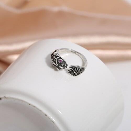 S925 sterling silver retro ring fashion ins cold wind niche design small fish open ring personality ring for female wedding