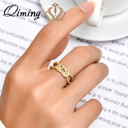 QIMING Simple Style Woven Twist Women Rings Ancient Vintage Jewelry CZ Zircon Paved Geometric Temperament Ring Gift