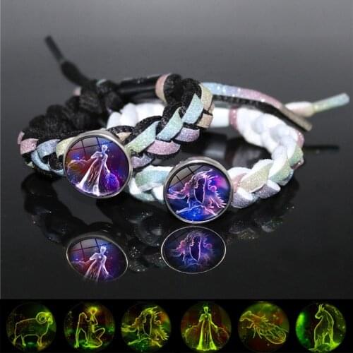12 Constellation Luminous Bracelet Zodiac Glow Jewelry Handmade DIY Multi-layer Black Weave Rope Bracelet Birthday Gifts Women