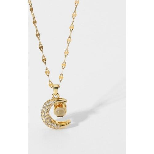 18K Gold Plated Stainless Steel Necklace For Women 100 Language I LOVE YOU Full Zircon Moon Pendant Chokers Jewelry