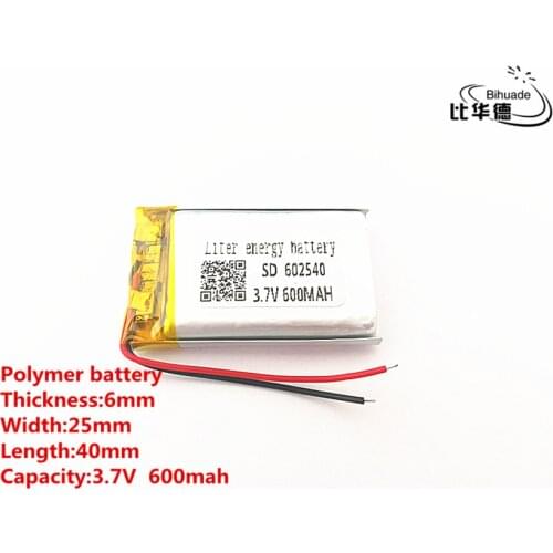 2pcs/lot 3.7V 600mAH 602540 Polymer lithium ion / Li-ion Rechargeable battery for DVR,GPS,mp3,mp4