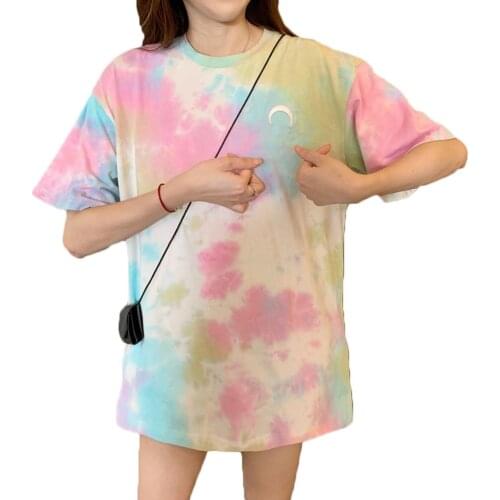 2020 woman tshirts Short Sleeve O Neck Tie Dye tshirt women Gradient Color T-shirt Long Loose Top woman tshirts футболка женская