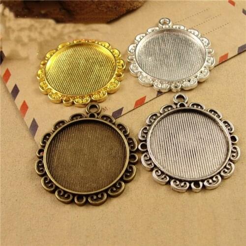 5pcs Vintage Gold Silver Flower Pendant Cabochon Settings Base Bezel Trays Blank Fit 25mm Cabochons DIY Necklace Making Jewelry
