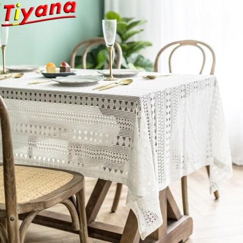 White Rectangular Lace Hollow Tablecloth Knitted TV Cabinet Decoration Home Decoration Tea Table Fabric Geometry Square Scarf &3