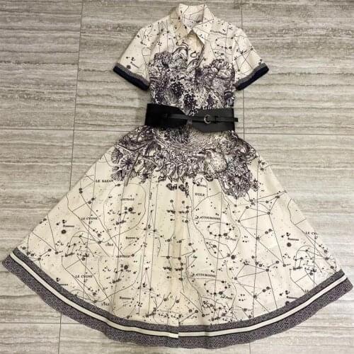 Cotton 100% Runway Fashion Shirt 2021 Spring Summer Short Sleeve Flower Letters Print Belt Midi Elegant Dress