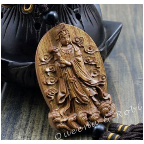 Chinese Knot Wood Carving Mazu Goddess Matsu Kwan Yin Statue Car Pendant Amulet