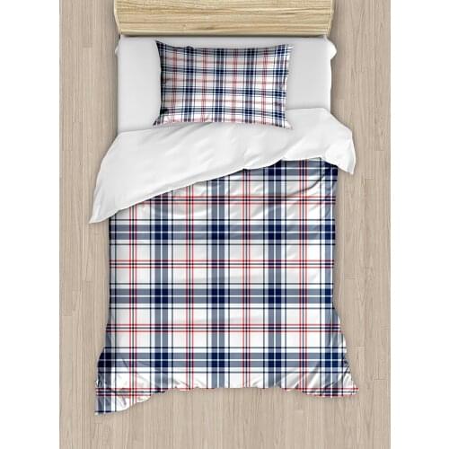 Plaid Duvet Cover Set Traditional Checkered British Country Pattern with Geometric Design Bedding Set Navy Blue Vermilion White