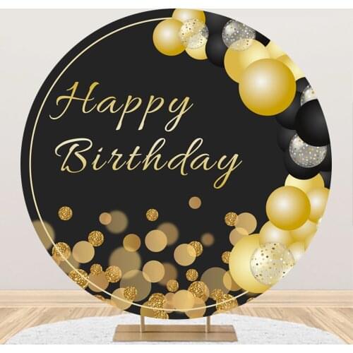 Laeacco Gold Light Bokeh Balloon Giltters Happy Birthday Round Circle Background Customize Poster Black Backdrop For Photography