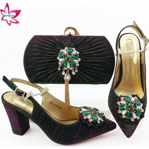 Dark Green Hot Sale Italian New Design Ladies Matching Shoe and Bag African Women Shoes and Bags Set for Party with Crystal