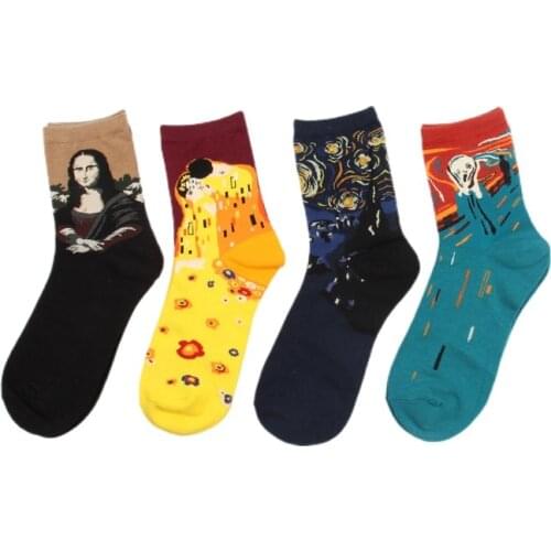 Fashion Art Combed Cotton Crew Women Socks Painting Creative Design Lovers socks Mona Lisa Van Gogh Starry Night
