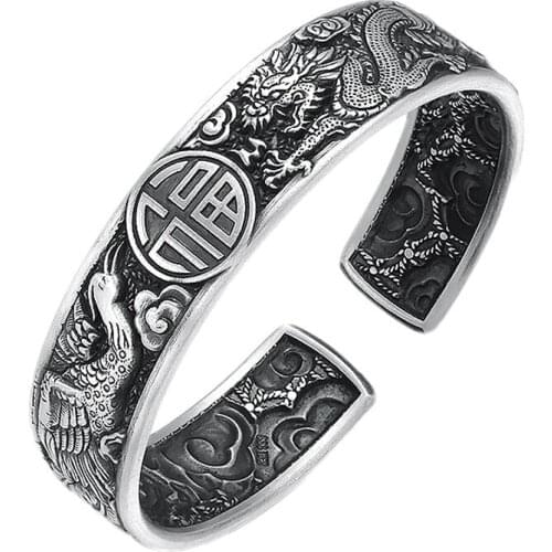 BOCAI 2021 Trend Real S999 Pure Silver Jewelry Auspicious Dragon and Phoenix Frosted Classic Ethnic Style Man and Woman Bracelet