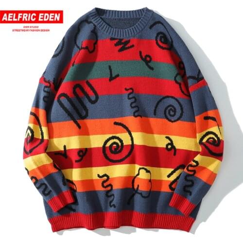 Vintage Retro Rainbow Multicolor Knitted Sweater Mens Autumn Streetwear Sweater Oversize Harajuku Hip Hop Pullover