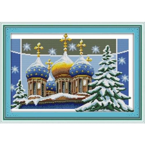Joy Sunday Cross Stitch Set Christmas Castle Patterns Canvas Printed DMC Cross Stitch Embroidery Kits Home Decoration Send Gift