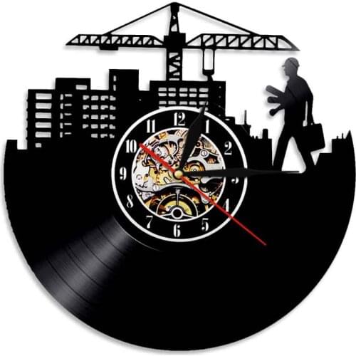 Architectural Skyline Night Light Wall Art Hanging Watch Building Worker Architect Wall Clock Vinyl Record Decor Silent Quartz