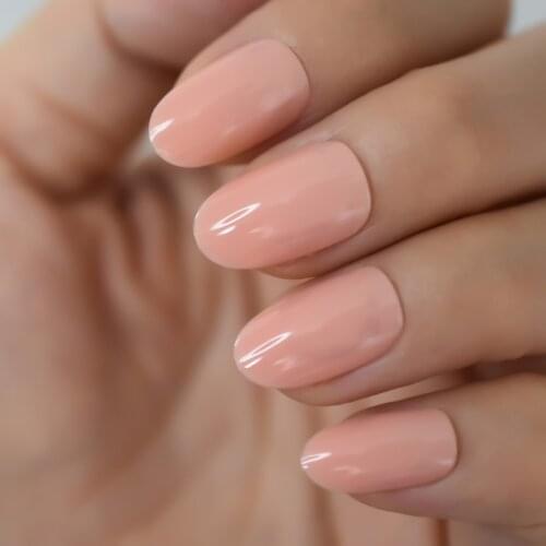 Nude Pink Short Round Glossy False Nails Art UV Full Cover Oval Shape Acrylic Press on Nail Fake Tips Daily Wear Faux ongles
