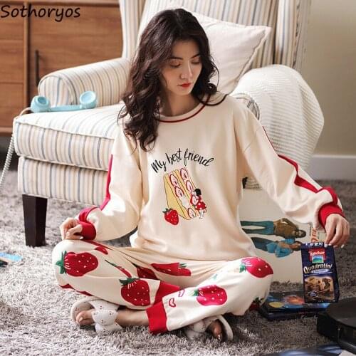 Spring Autumn Women Pajama Sets Full Length Round Collar Leisure Homewear Cotton Korean Style Simple Cozy New Fashion Cute Sweet