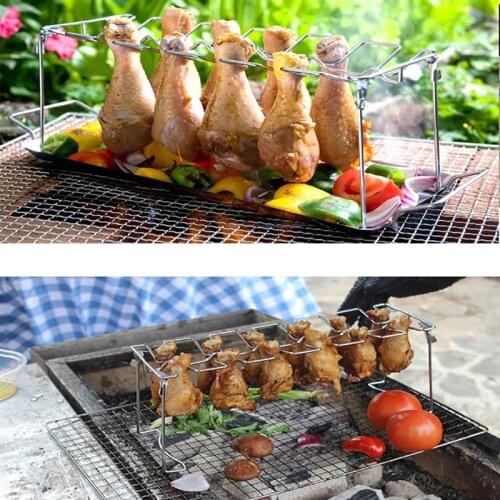 Collapsible Stainless Steel Barbecue Roaster Stand Tray Chicken Wing Leg Rack Grill With BBQ Pan Barbecue Accessories grill