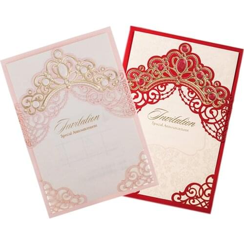 [Princess Dream] Gold Crown Laser Cut Elegant Wedding Invitations 100pcs, Blank Invitation Card with Envelopes for Quinceanera