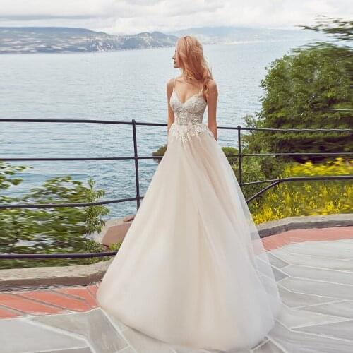 Sexy Spaghetti Straps Tulle With Applique Lace Beading Wedding Gowns Zipper Back Simple Wedding Dress vestido de noiva