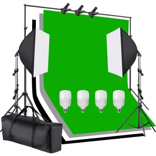 50x70CM Photography Softbox Lighting Kit 4pcs 25W LED Continuous Lighting Set 1.6x3m Non-woven Black Gray Green Screen Backdrop