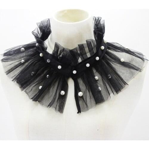 Women Imitation Pearl Beading Ruffled Mesh False Fake Collar Vintage Victorian Neck Ruff Detachable Evening Shawl Wrap Choker