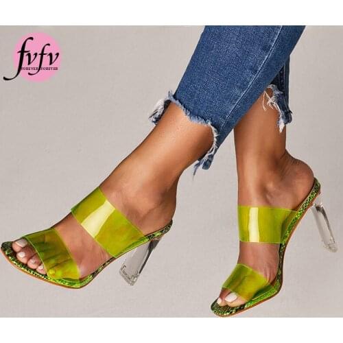 [fvfv]10cm Heel Design Women Slippers 2021Fashion Leopard Square Toe PVC Mules Summer Gladiator Sandals Beach Female Clear Heels