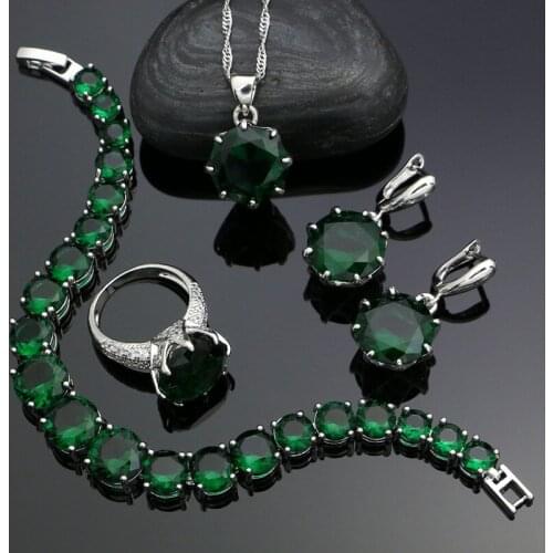 925 Silver Jewelry Sets For Women Natural Green Stones White Cubic Zirconia Earrings Pendant Ring Bracelet Necklace Set
