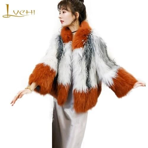 LVCHI 2019 Winter Real Fur Coats Natural Fox Fur Coat Mandarin Collar Striped Womens Patchwork Color Short Waving Fox Fur Coats