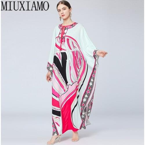 MIUXIMAO 2021 Floor Length Silk Dress Women Knit Elastic Bohemian Print Elegant Leaves Over Size Loose New Autumn Kaftan Dress